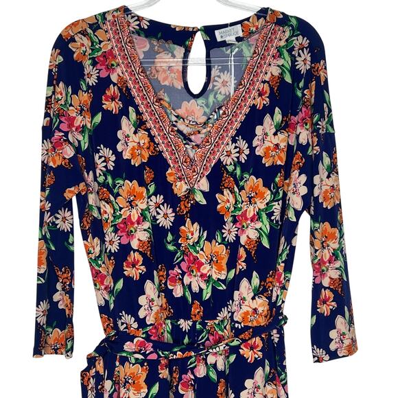 MARKET & SPRUCE Floral Romper 3/4 Sleeve V-Neck Tie Waist Blue Mutli Size L NWT - Picture 3 of 11